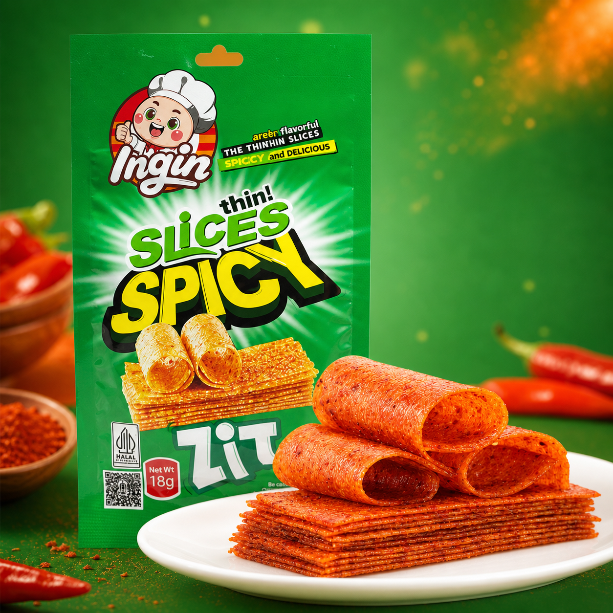 Products INGIN Slices Spicy kemasan hijau